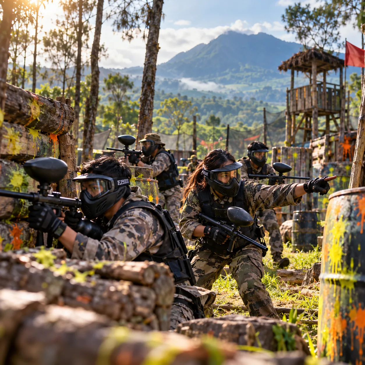 Peserta menggunakan perlengkapan paintball dalam permainan strategi tim