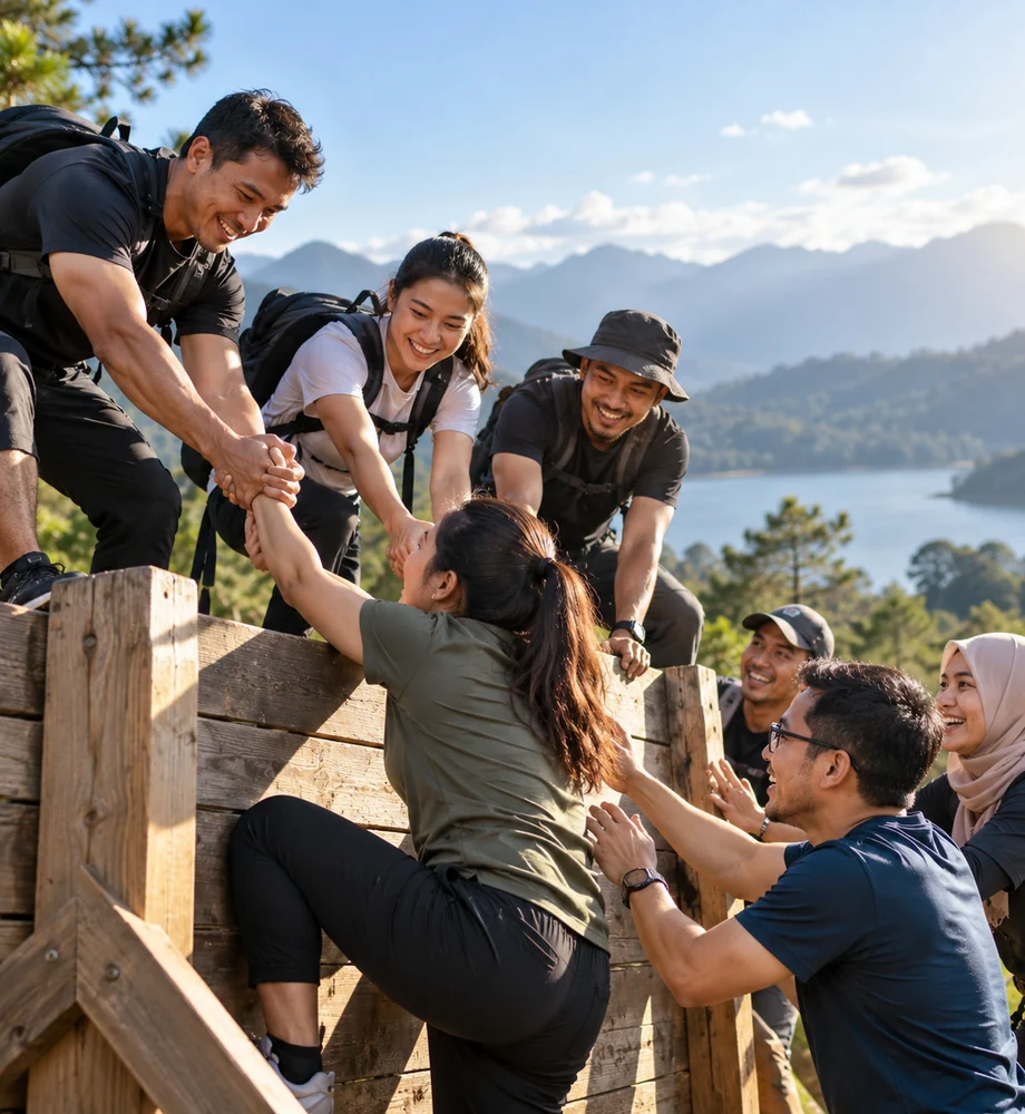 Peserta team building bekerja sama dalam permainan kelompok