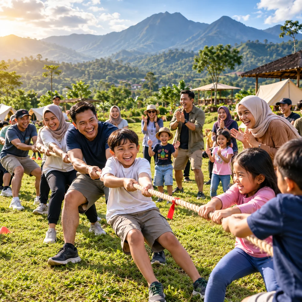 Keseruan permainan tarik tambang keluarga dan komunitas dalam Fun Games outdoor