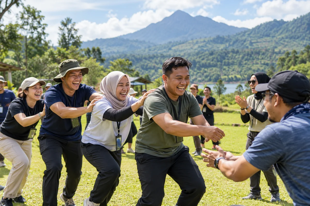 Peserta kegiatan Ice Breaking melakukan permainan kelompok yang ceria di alam terbuka