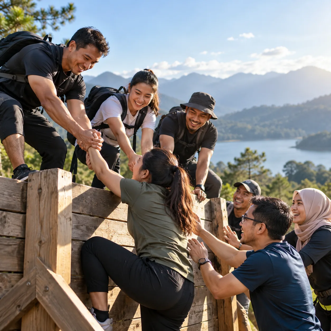 Peserta corporate team building saling membantu dalam tantangan kerja sama outdoor